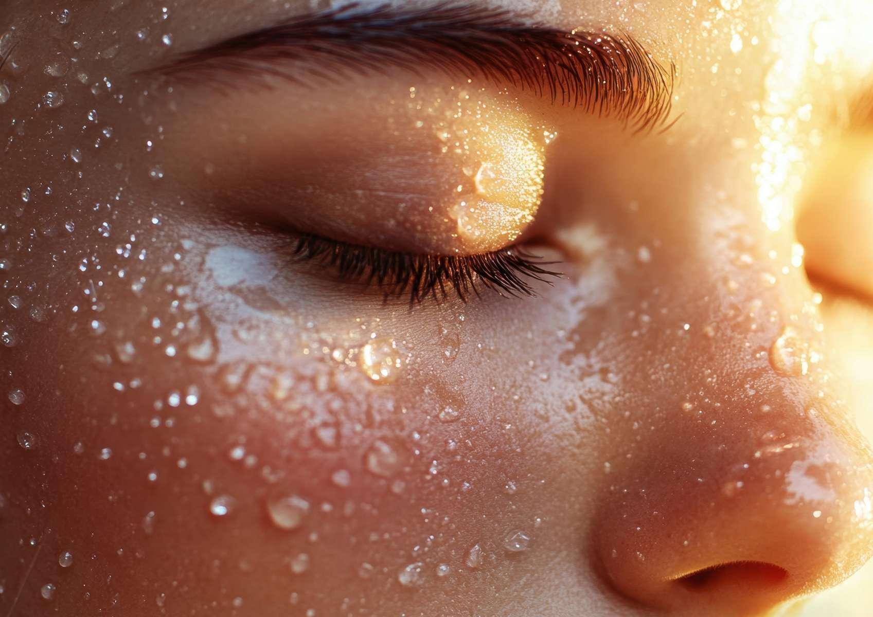 Haut visage femme yeux fermés avec des gouttes d'eau