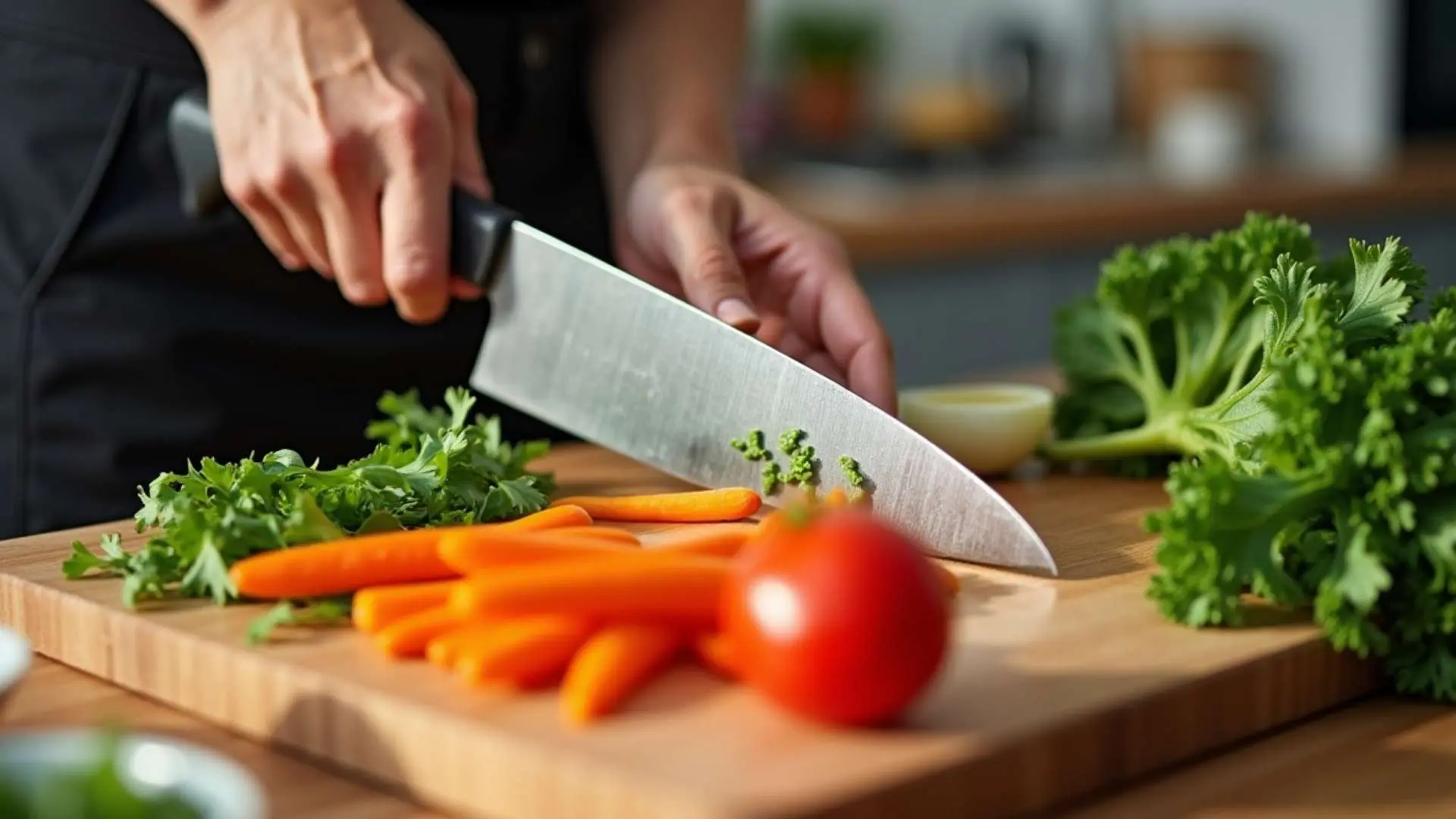 Homme qui tient couteau de cuisine sur planche en bois avec légumes dessus
