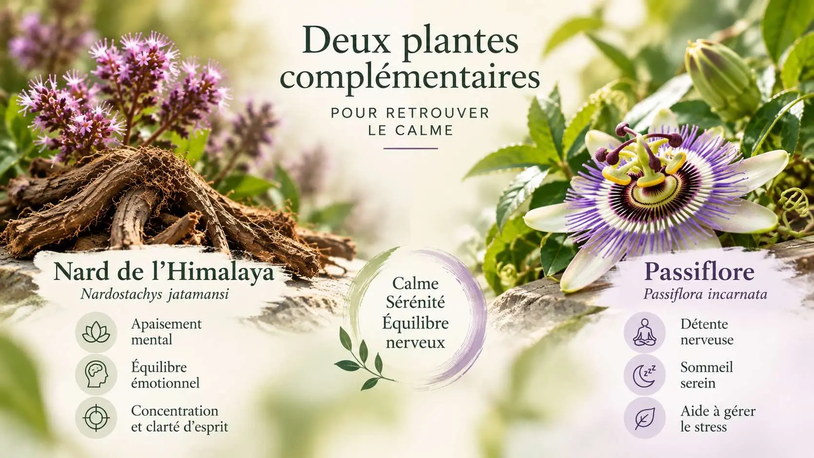 Infographie bienfaits nard de l'Himalaya et passiflore 