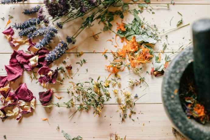 plantes médicinales sur table en bois avec un pilon noir