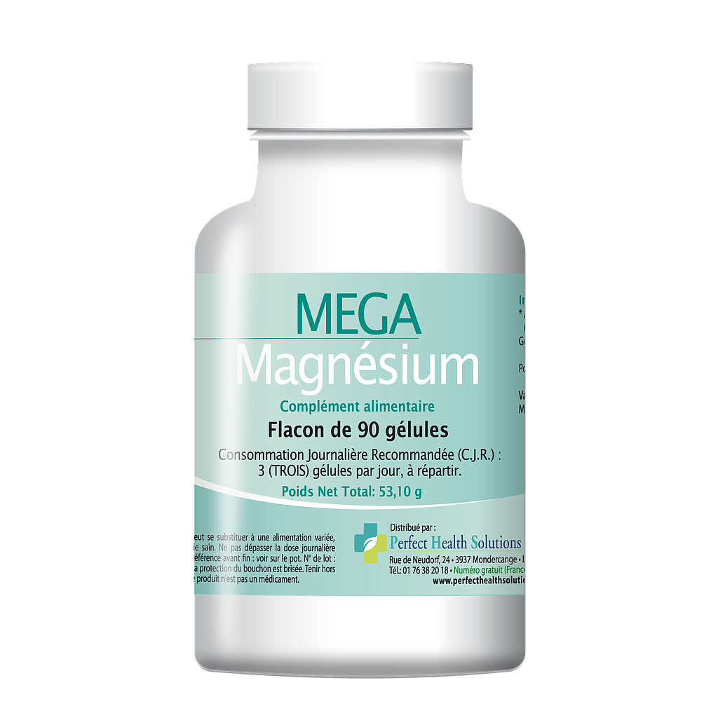 Flacon blanc et vert de MegaMagnésium laboratoire Perfect Health Solutions