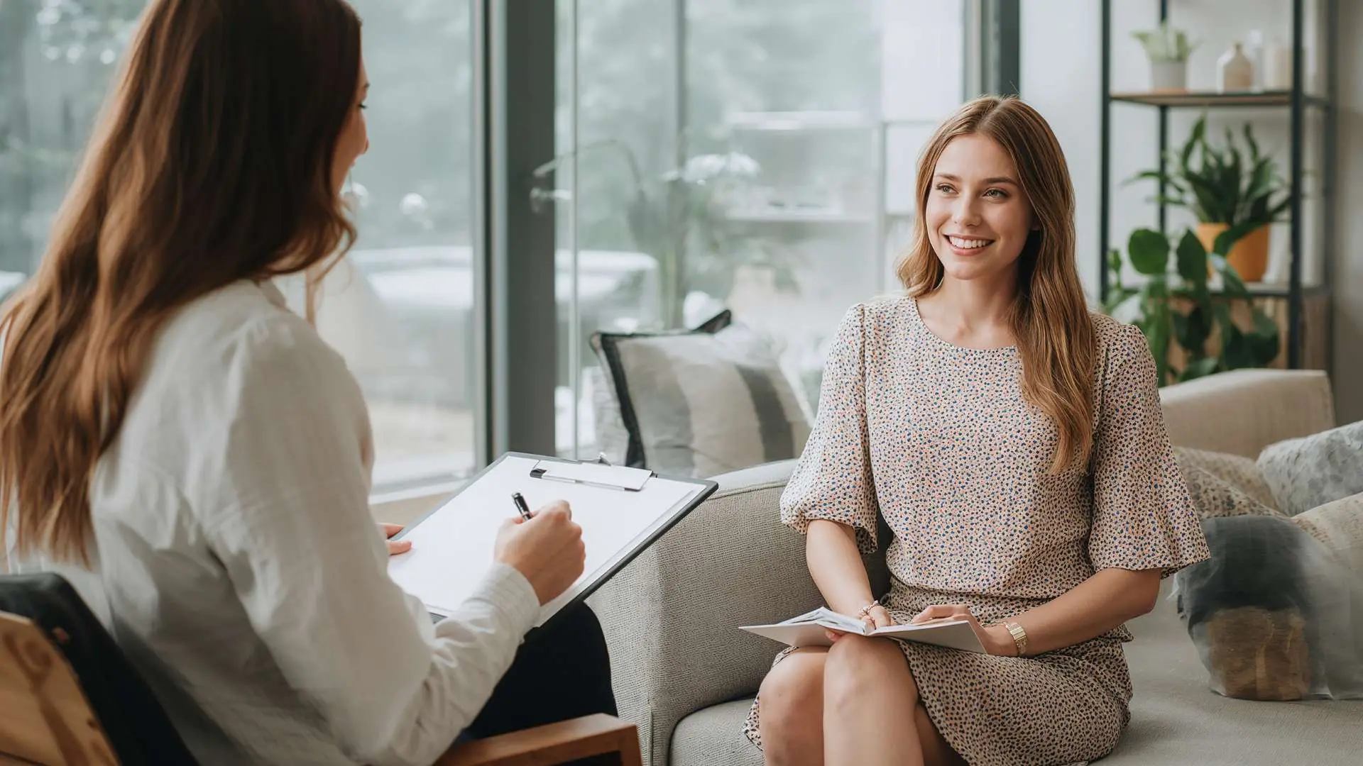 Consultation naturopathe avec jeune femme assise dans canapé et plantes sur étagère en arrière-plan