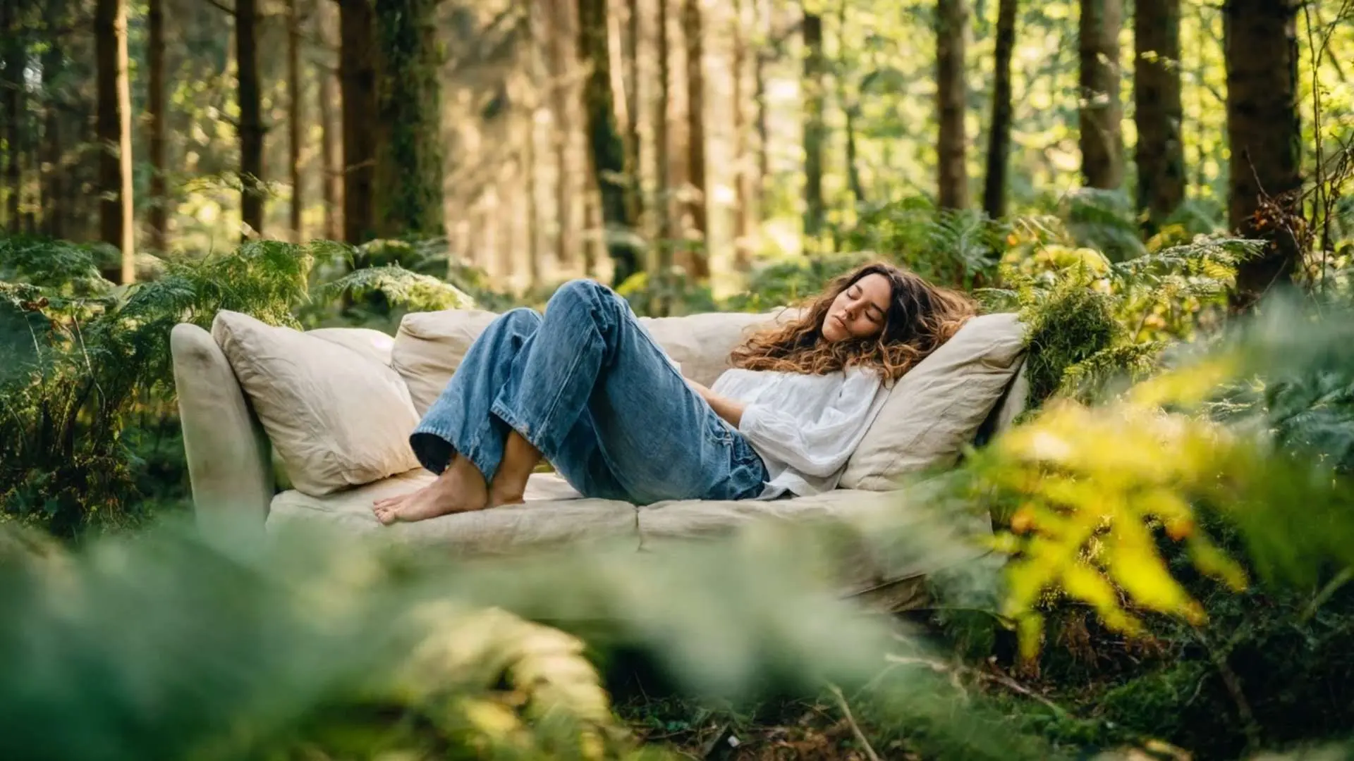 Femme allongée qui dort sur un canapé blanc au milieu de la forêt avec fougères au premier-plan